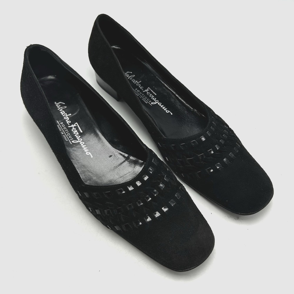 Salvatore Ferragamo Heels Womens 6.5 AA Italy Black Suede Leather Pumps Shoes